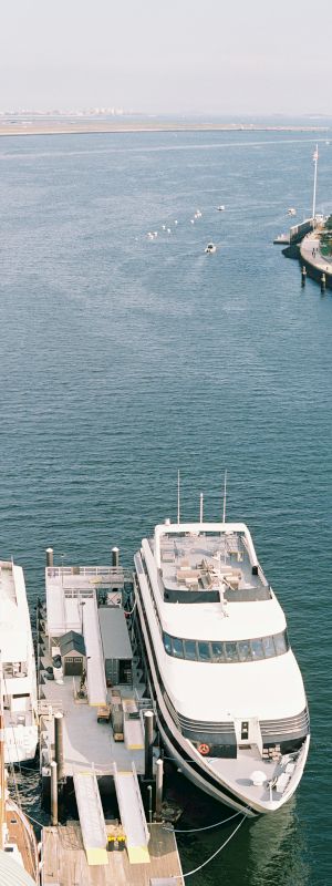 Aerial view of boats docked near a waterfront with buildings.