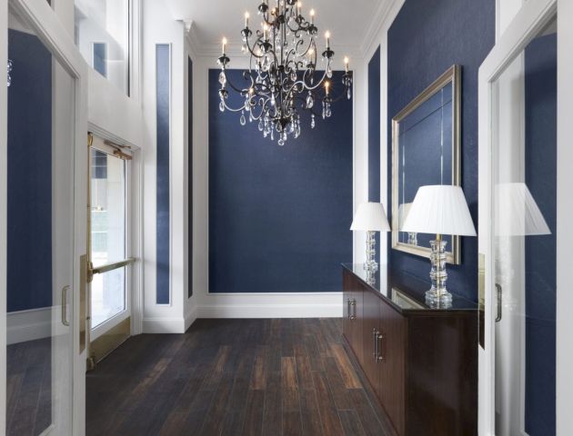 Elegant hallway with dark wood floors, navy walls, white trim, and a