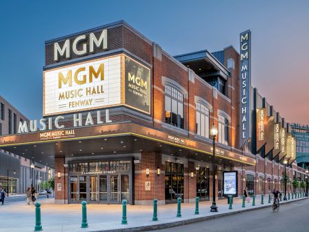 This is an image of the MGM Music Hall at Fenway at twilight.