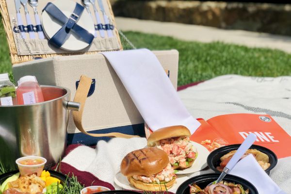 Picnic setup with sandwiches, salads, drinks, and a basket on a sunny day.
