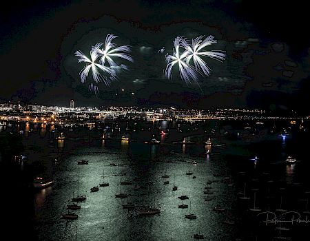 Fireworks bursting in the air over the ocean.