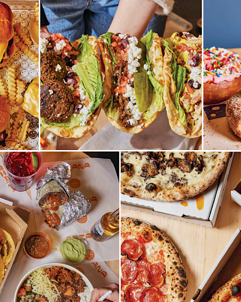 The image showcases burgers and fries, tacos, churros with a coffee, and different types of pizzas.