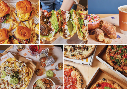 The image showcases burgers and fries, tacos, churros with a coffee, and different types of pizzas.
